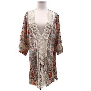 Colori di Mare Boho Cotton Crochet V Neck Trim Cover Up Tunic Dress XL Boho  NEW